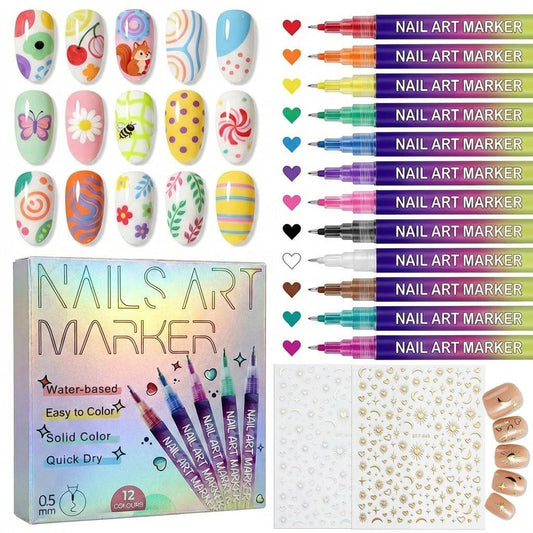 12 Farben Nagelkunst-Marker-Stifte, 0,5 mm Nagelmarker für Nageldesign, professionell, wasserfest, schnell trocknend, 3D-Zeichen-, Punktier- und Linier-Pinsel, essentielles Maniküre-Werkzeug-Set für Nagelkunst-Anfänger