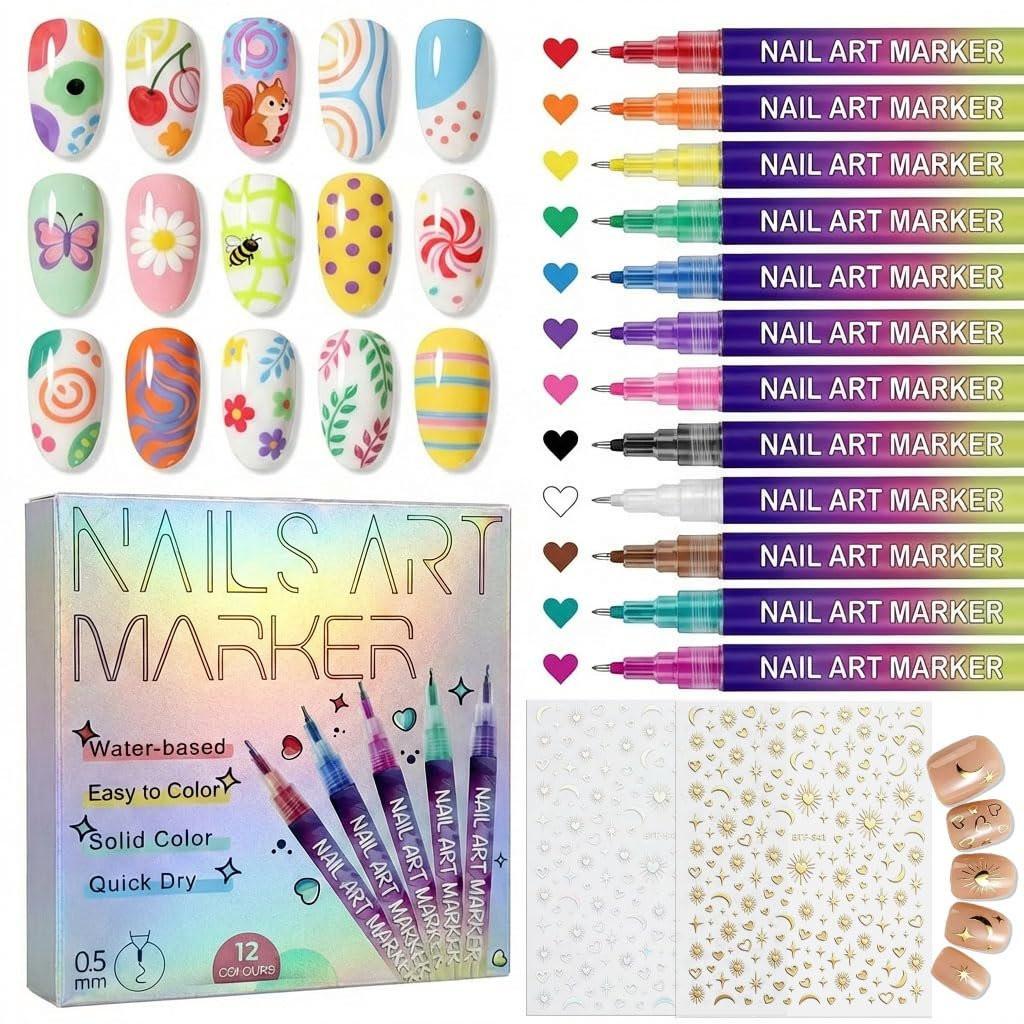 12 Farben Nagelkunst-Marker-Stifte, 0,5 mm Nagelmarker für Nageldesign, professionell, wasserfest, schnell trocknend, 3D-Zeichen-, Punktier- und Linier-Pinsel, essentielles Maniküre-Werkzeug-Set für Nagelkunst-Anfänger