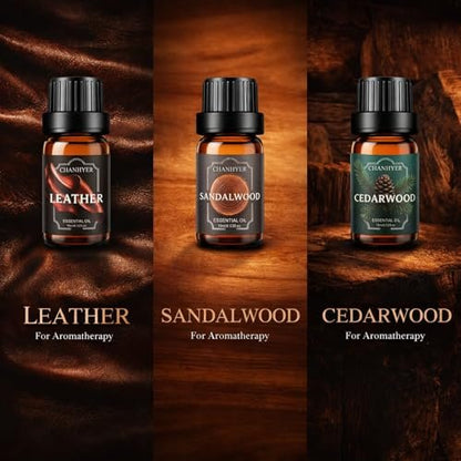 Chanhyer Ätherische Öle für Diffuser für Zuhause – Herren Set Duftaromen 6x10ml – Leder, Sandelholz, Zedernholz, Rauchvanille, Kölnisch Wasser, Rum – für Aromatherapie, Luftbefeuchter & Massage
