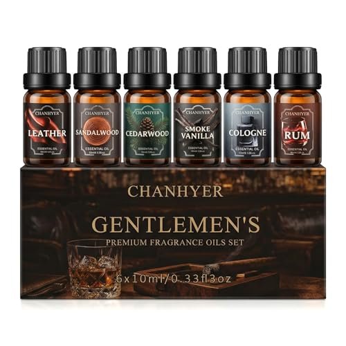 Chanhyer Ätherische Öle für Diffuser für Zuhause – Herren Set Duftaromen 6x10ml – Leder, Sandelholz, Zedernholz, Rauchvanille, Kölnisch Wasser, Rum – für Aromatherapie, Luftbefeuchter & Massage