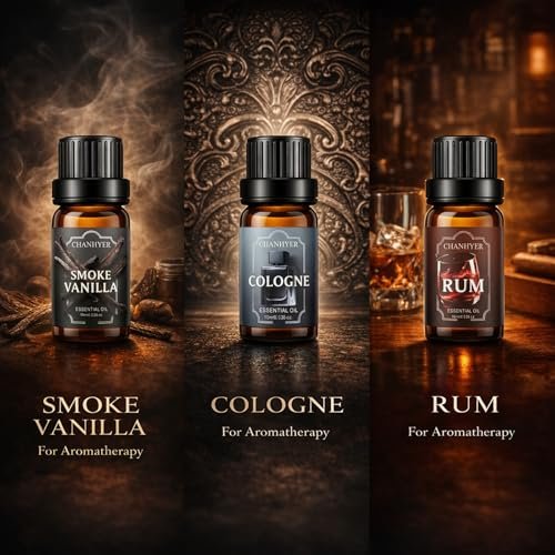 Chanhyer Ätherische Öle für Diffuser für Zuhause – Herren Set Duftaromen 6x10ml – Leder, Sandelholz, Zedernholz, Rauchvanille, Kölnisch Wasser, Rum – für Aromatherapie, Luftbefeuchter & Massage
