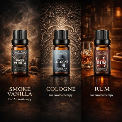 Chanhyer Ätherische Öle für Diffuser für Zuhause – Herren Set Duftaromen 6x10ml – Leder, Sandelholz, Zedernholz, Rauchvanille, Kölnisch Wasser, Rum – für Aromatherapie, Luftbefeuchter & Massage