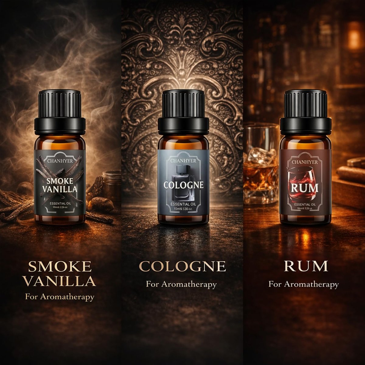 Chanhyer Ätherische Öle für Diffuser für Zuhause – Herren Set Duftaromen 6x10ml – Leder, Sandelholz, Zedernholz, Rauchvanille, Kölnisch Wasser, Rum – für Aromatherapie, Luftbefeuchter & Massage