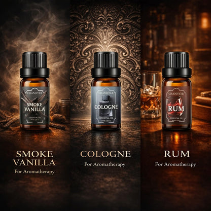 Chanhyer Ätherische Öle für Diffuser für Zuhause – Herren Set Duftaromen 6x10ml – Leder, Sandelholz, Zedernholz, Rauchvanille, Kölnisch Wasser, Rum – für Aromatherapie, Luftbefeuchter & Massage