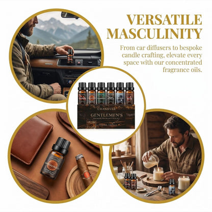 Chanhyer Ätherische Öle für Diffuser für Zuhause – Herren Set Duftaromen 6x10ml – Leder, Sandelholz, Zedernholz, Rauchvanille, Kölnisch Wasser, Rum – für Aromatherapie, Luftbefeuchter & Massage