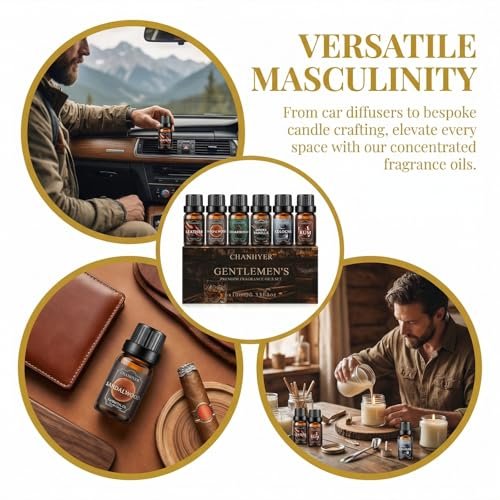 Chanhyer Ätherische Öle für Diffuser für Zuhause – Herren Set Duftaromen 6x10ml – Leder, Sandelholz, Zedernholz, Rauchvanille, Kölnisch Wasser, Rum – für Aromatherapie, Luftbefeuchter & Massage