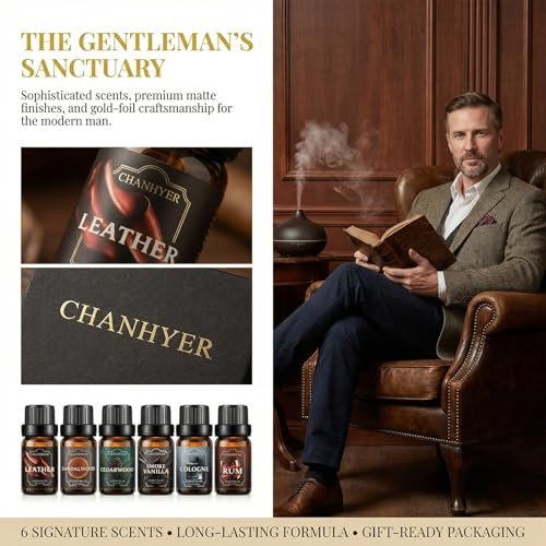 Chanhyer Ätherische Öle für Diffuser für Zuhause – Herren Set Duftaromen 6x10ml – Leder, Sandelholz, Zedernholz, Rauchvanille, Kölnisch Wasser, Rum – für Aromatherapie, Luftbefeuchter & Massage