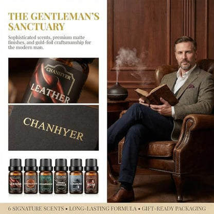 Chanhyer Ätherische Öle für Diffuser für Zuhause – Herren Set Duftaromen 6x10ml – Leder, Sandelholz, Zedernholz, Rauchvanille, Kölnisch Wasser, Rum – für Aromatherapie, Luftbefeuchter & Massage