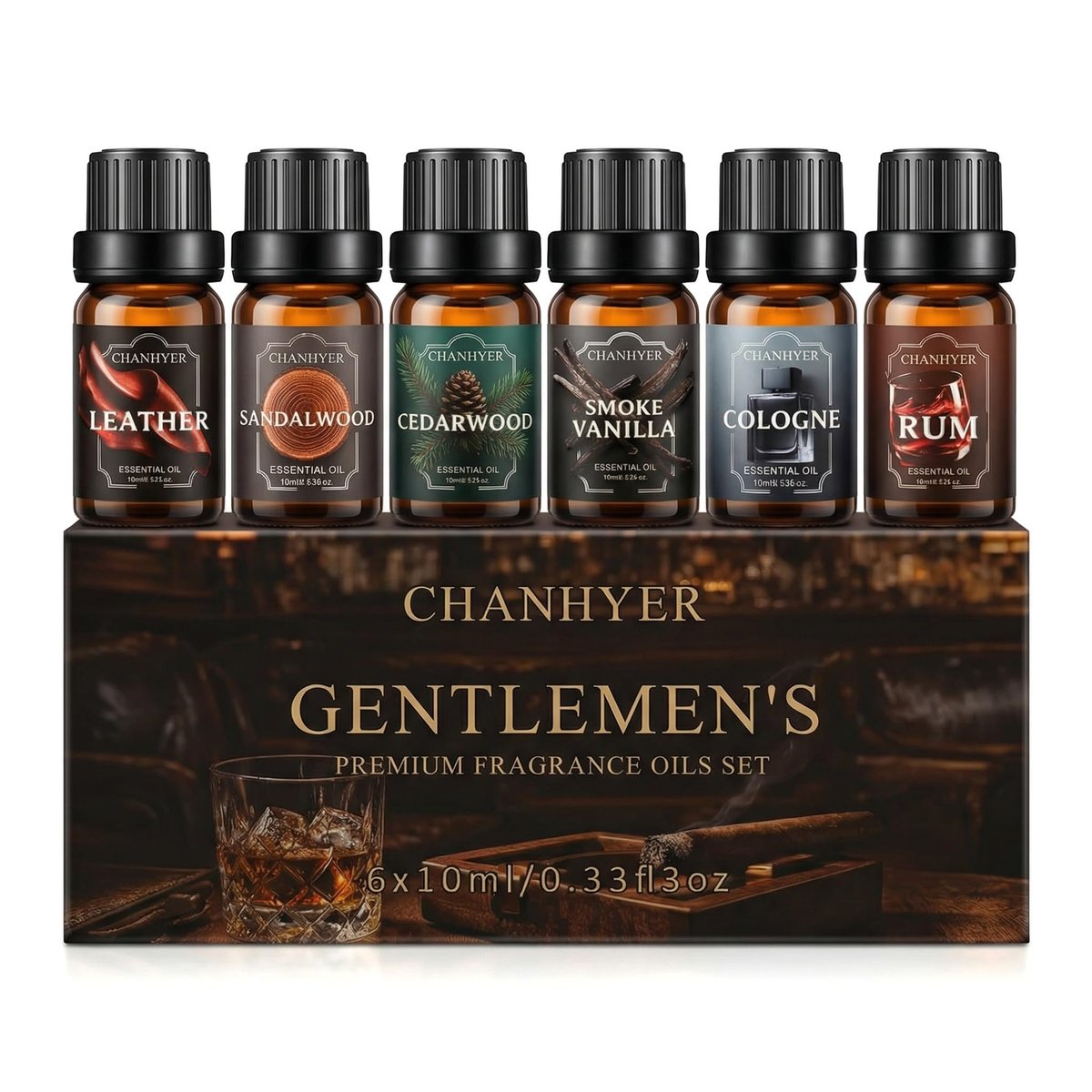Chanhyer Ätherische Öle für Diffuser für Zuhause – Herren Set Duftaromen 6x10ml – Leder, Sandelholz, Zedernholz, Rauchvanille, Kölnisch Wasser, Rum – für Aromatherapie, Luftbefeuchter & Massage
