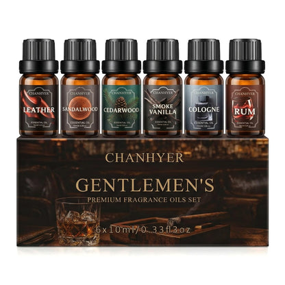 Chanhyer Ätherische Öle für Diffuser für Zuhause – Herren Set Duftaromen 6x10ml – Leder, Sandelholz, Zedernholz, Rauchvanille, Kölnisch Wasser, Rum – für Aromatherapie, Luftbefeuchter & Massage