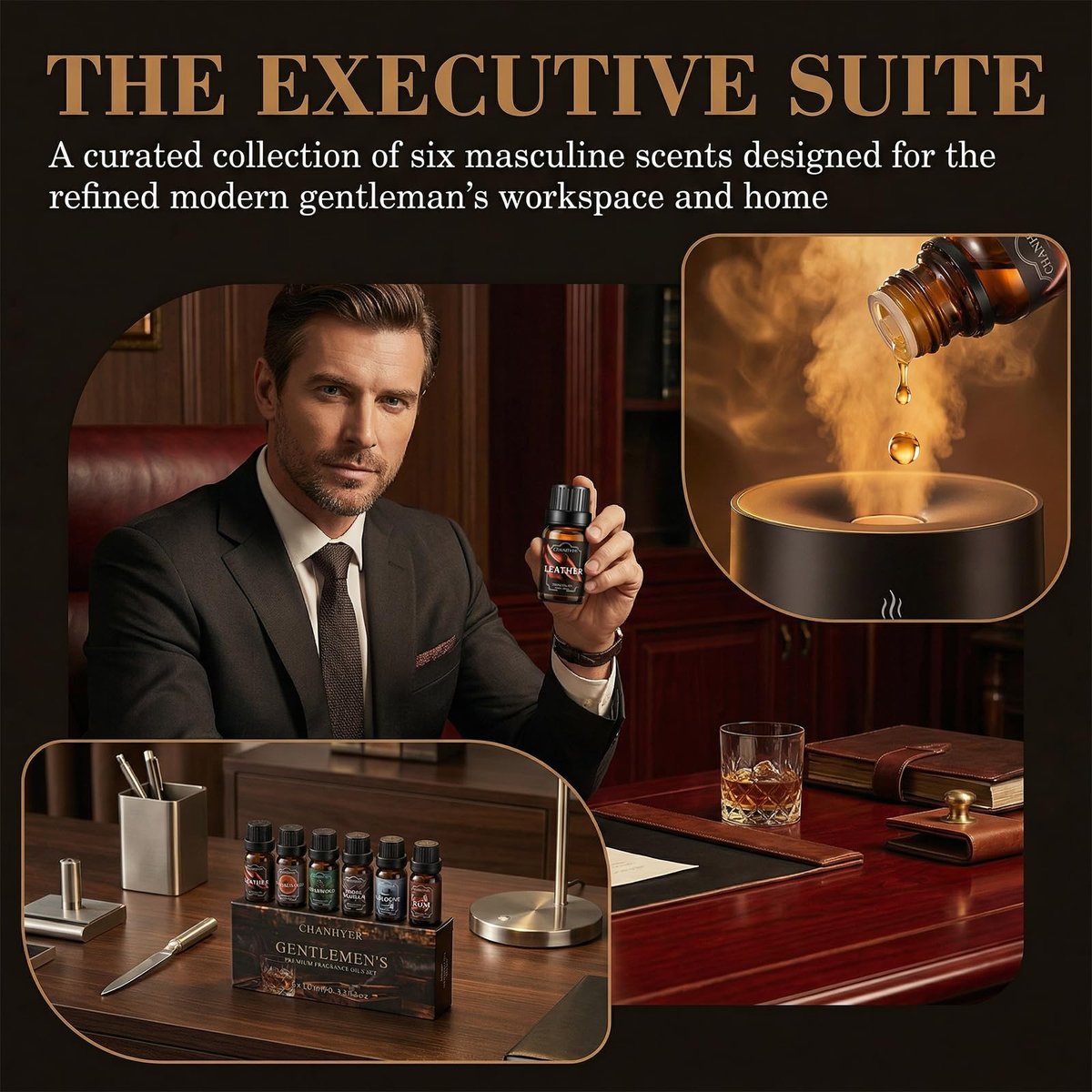 Chanhyer Ätherische Öle für Diffuser für Zuhause – Herren Set Duftaromen 6x10ml – Leder, Sandelholz, Zedernholz, Rauchvanille, Kölnisch Wasser, Rum – für Aromatherapie, Luftbefeuchter & Massage