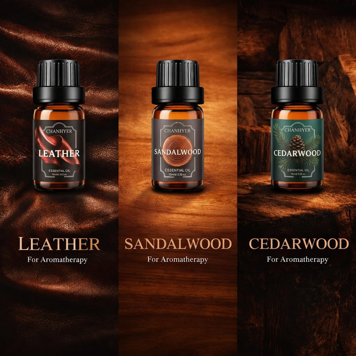 Chanhyer Ätherische Öle für Diffuser für Zuhause – Herren Set Duftaromen 6x10ml – Leder, Sandelholz, Zedernholz, Rauchvanille, Kölnisch Wasser, Rum – für Aromatherapie, Luftbefeuchter & Massage