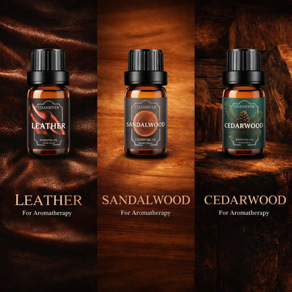 Chanhyer Ätherische Öle für Diffuser für Zuhause – Herren Set Duftaromen 6x10ml – Leder, Sandelholz, Zedernholz, Rauchvanille, Kölnisch Wasser, Rum – für Aromatherapie, Luftbefeuchter & Massage