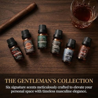 Chanhyer Ätherische Öle für Diffuser für Zuhause – Herren Set Duftaromen 6x10ml – Leder, Sandelholz, Zedernholz, Rauchvanille, Kölnisch Wasser, Rum – für Aromatherapie, Luftbefeuchter & Massage