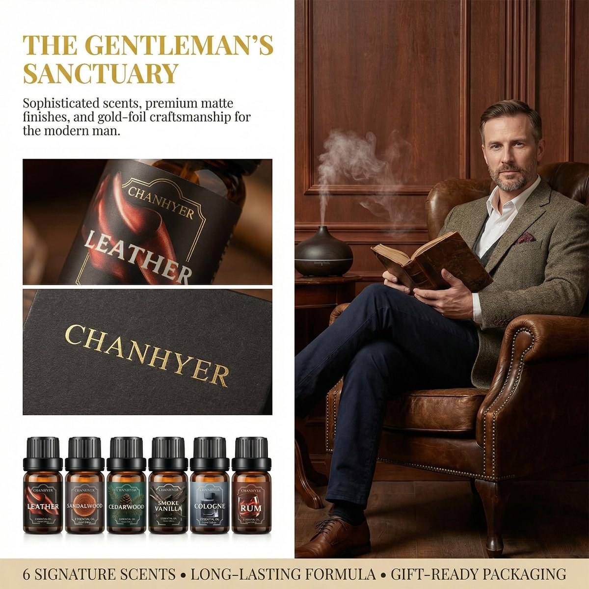 Chanhyer Ätherische Öle für Diffuser für Zuhause – Herren Set Duftaromen 6x10ml – Leder, Sandelholz, Zedernholz, Rauchvanille, Kölnisch Wasser, Rum – für Aromatherapie, Luftbefeuchter & Massage