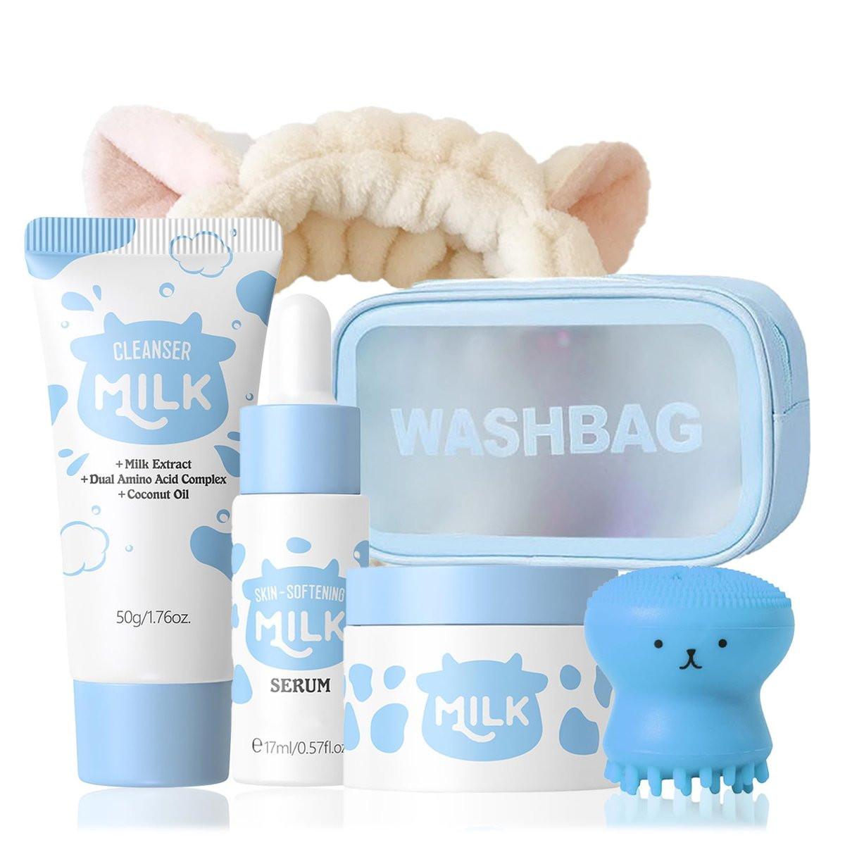 Milk Skincare Set – Hautpflege für Mädchen 10-12 – Sanfte Gesichtspflege für Kinder mit Milchreiniger, Serum, Creme, Gesichtsbürste, Stirnband und Waschbeutel – Für alle Hauttypen