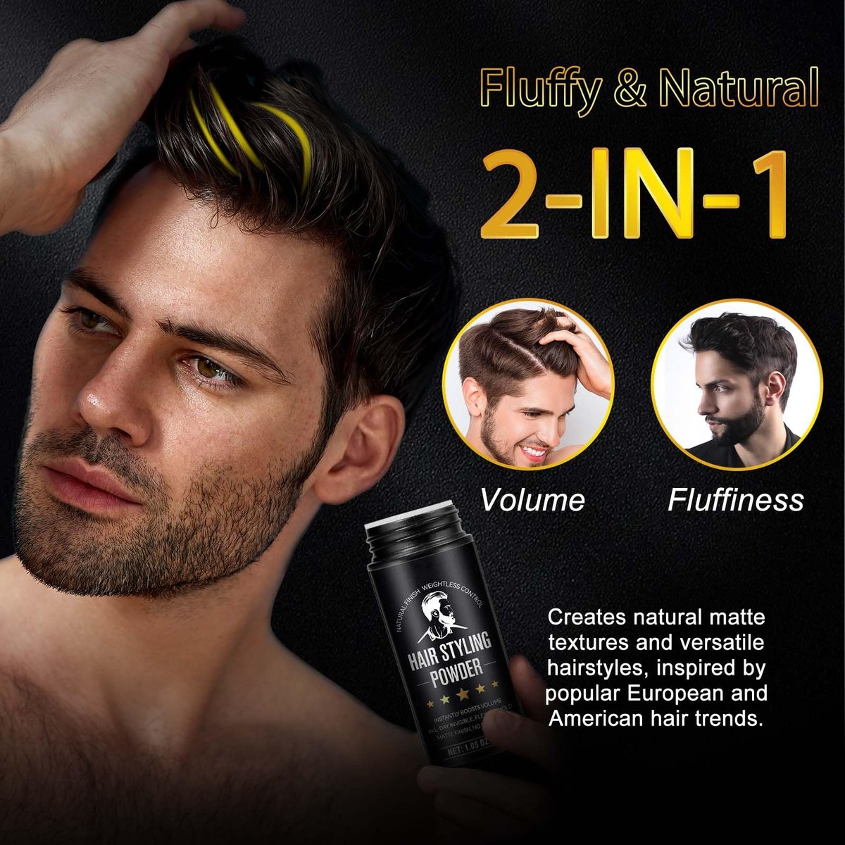 LEISGOTO Haarstyling-Puder, Haar-Textur-Puder für Männer, verleiht Volumen und Textur, unsichtbarer, flexibler Halt, langanhaltend, mattes Finish, keine Klebrigkeit 30g