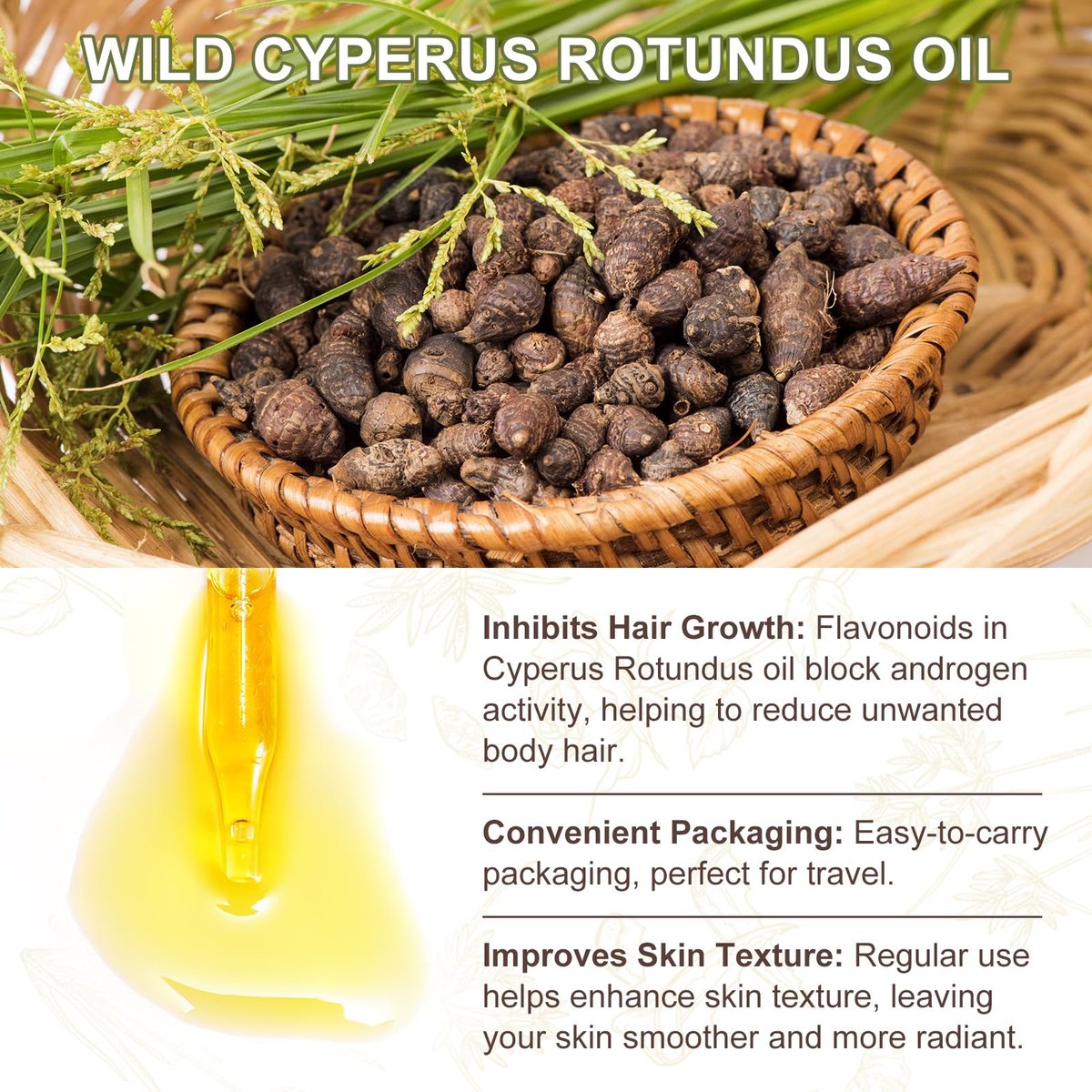 Cyperus Rotundus Öl – Premium Zyperngrasöl für sanfte Haarentfernung, Porenverfeinerung und glatte Haut