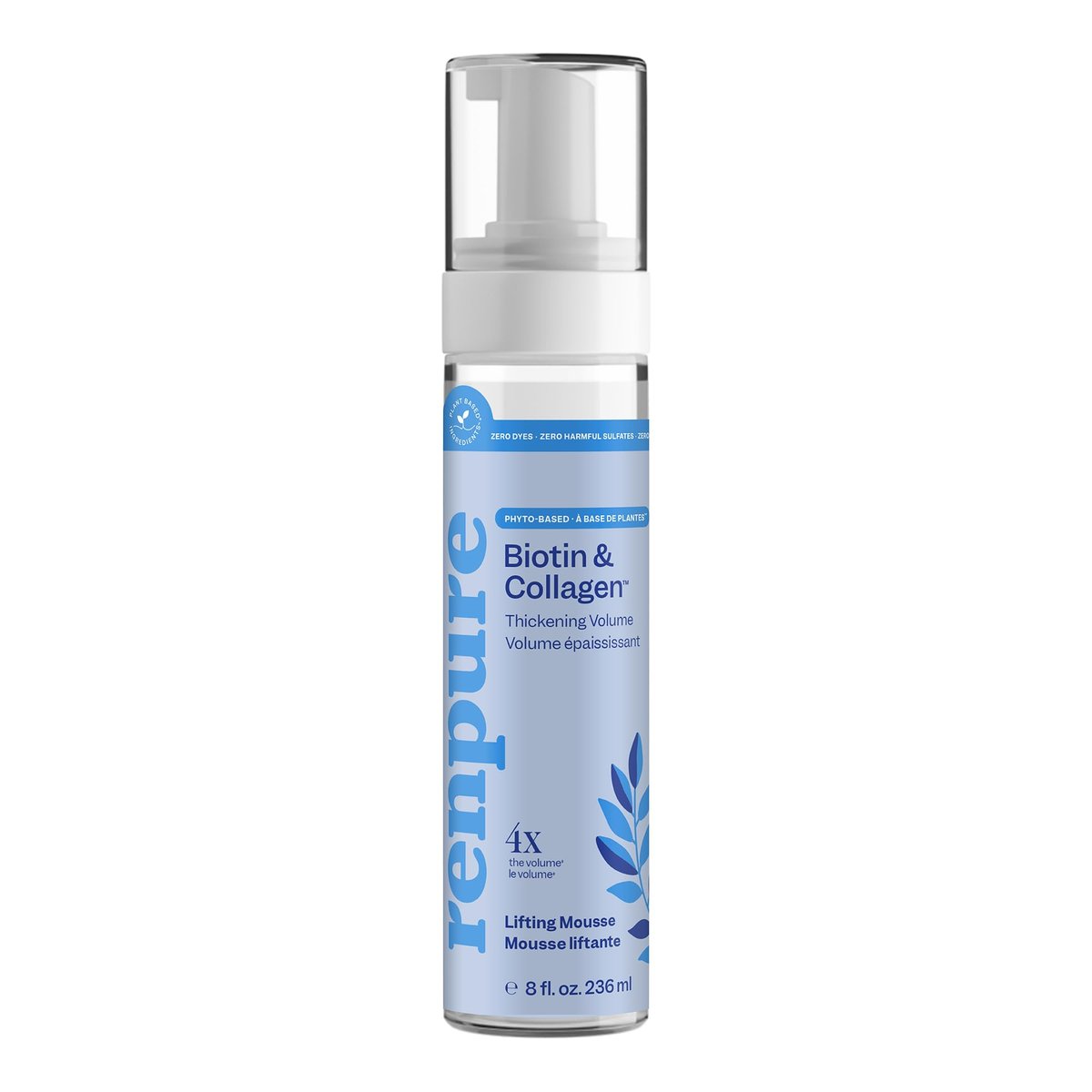 Renpure Biotin & Collagen Volumen-Schaumfestiger – Leichter, nicht klebender Schaum für volleres, dickeres Haar – Halt bis zu 48 Stunden – Pflanzenbasierte, vegane Formel – 237 ml