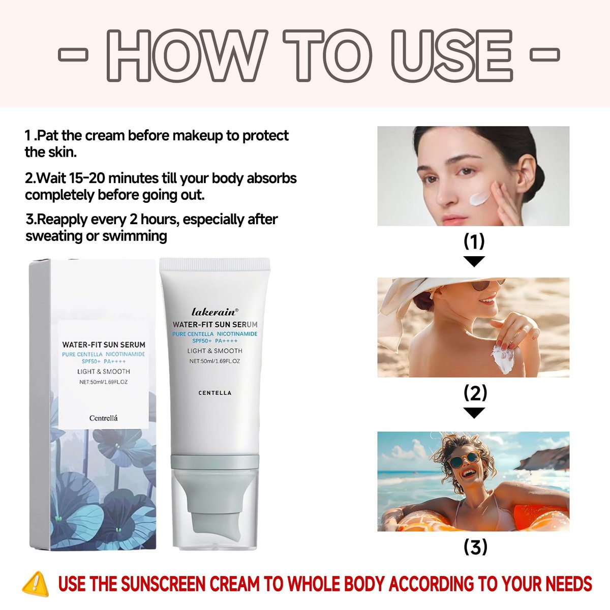 Centella Sonnenschutz SPF50+ PA++++, Lang anhaltender Schutz & Water-Fit Sonnenserum, Madagaskar Centella Sonnenschutz für alle Hauttypen und UV-Abwehr, Pflegend, Feuchtigkeitsspendend 50 ml