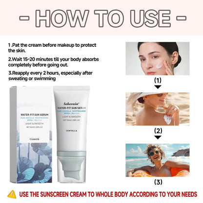 Centella Sonnenschutz SPF50+ PA++++, Lang anhaltender Schutz & Water-Fit Sonnenserum, Madagaskar Centella Sonnenschutz für alle Hauttypen und UV-Abwehr, Pflegend, Feuchtigkeitsspendend 50 ml