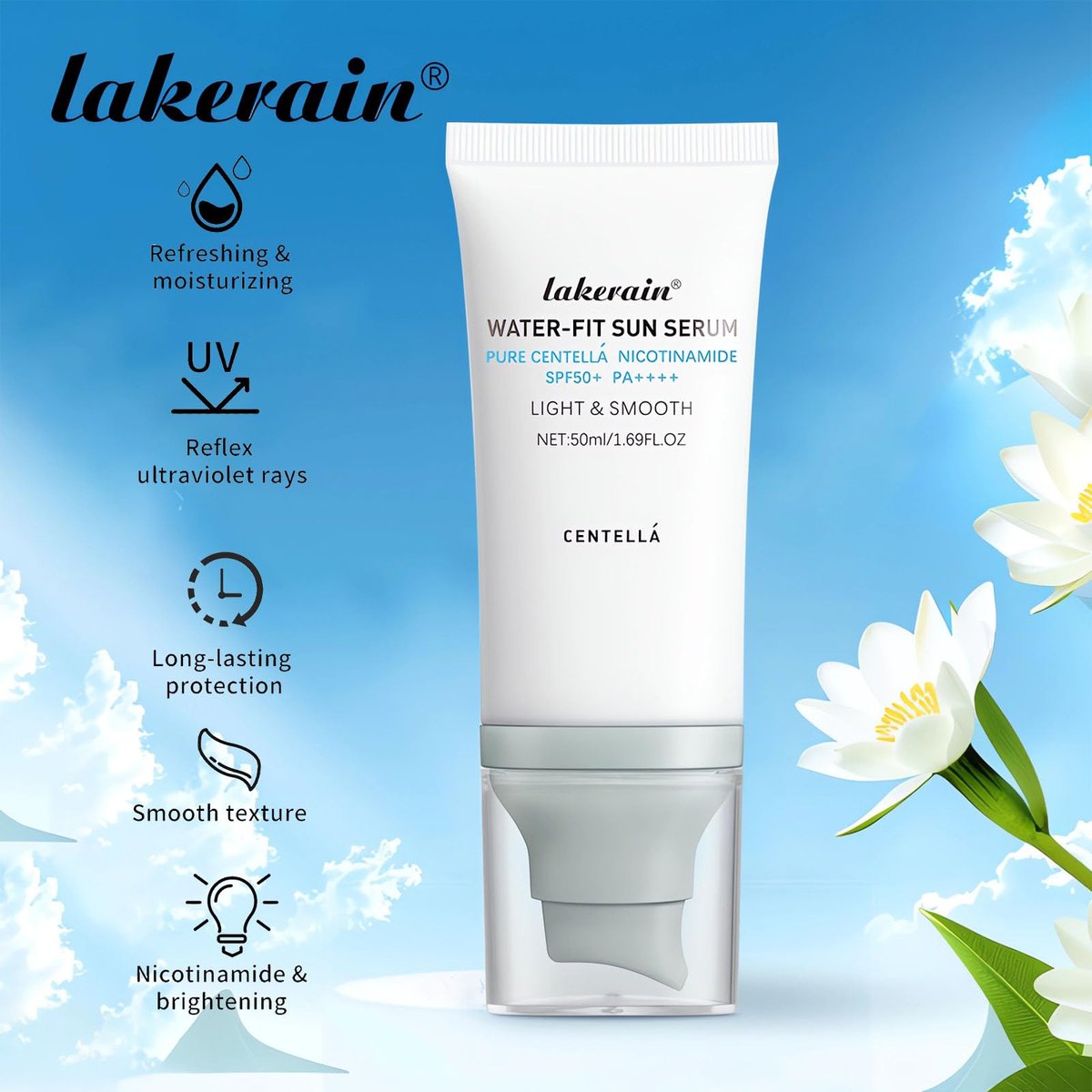 Centella Sonnenschutz SPF50+ PA++++, Lang anhaltender Schutz & Water-Fit Sonnenserum, Madagaskar Centella Sonnenschutz für alle Hauttypen und UV-Abwehr, Pflegend, Feuchtigkeitsspendend 50 ml