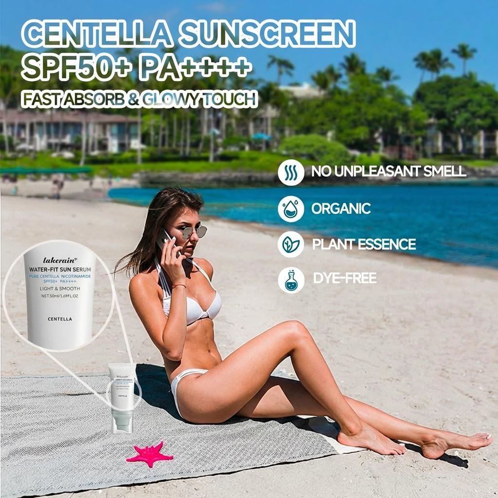 Centella Sonnenschutz SPF50+ PA++++, Lang anhaltender Schutz & Water-Fit Sonnenserum, Madagaskar Centella Sonnenschutz für alle Hauttypen und UV-Abwehr, Pflegend, Feuchtigkeitsspendend 50 ml