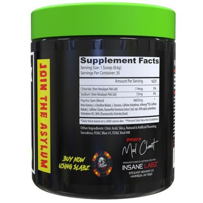 Insane Labz Psycho Sam Hochstimulierendes Pre-Workout Pulver, 30 Portionen (1 Packung), Traube