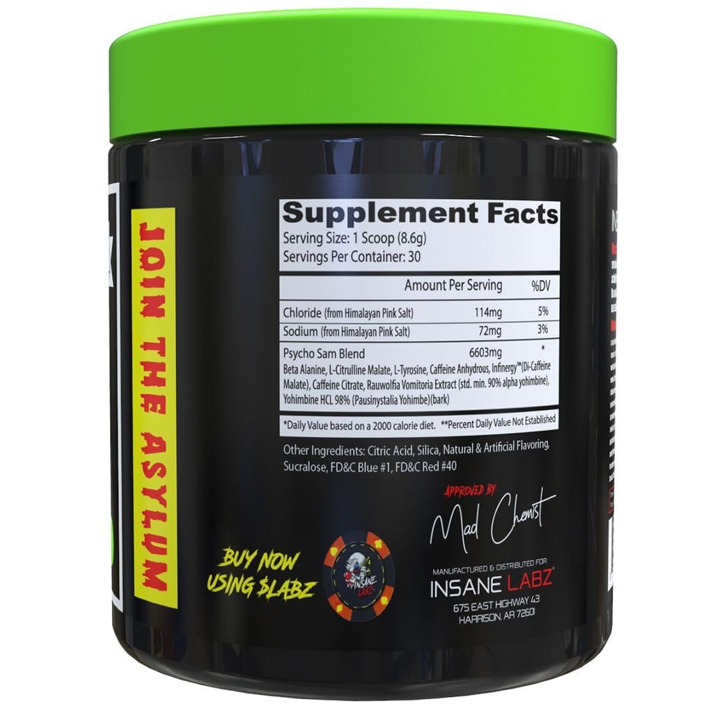 Insane Labz Psycho Sam Hochstimulierendes Pre-Workout Pulver, 30 Portionen (1 Packung), Traube