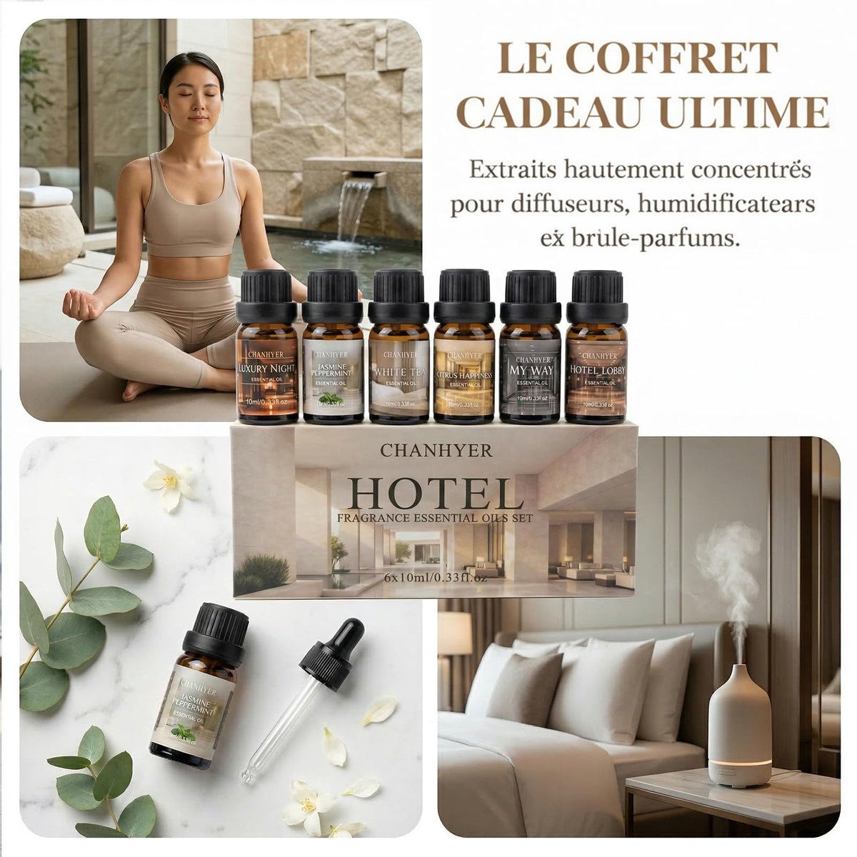 Hotel Collection Duftöl-Set für Diffuser – 6x10ml Luxuriöse Aromaöle mit Lavendel, Jasmin, Pfefferminze, Weißer Tee, Zitrusglück, My Way, Hotellobby – Geschenk für Frauen und Männer