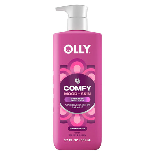 OLLY Body Wash Comfy Mood + Skin mit Ceramiden, Kamillenöl & Vitamin E – Feuchtigkeitsspendend & pflegend, gemütlicher Vanille- & Feigenduft, 500 ml