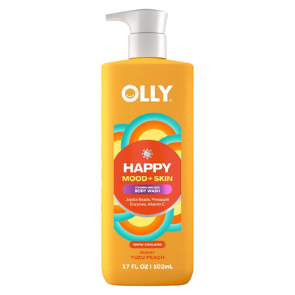 OLLY Peeling-Duschgel Happy Mood + Haut – mit Jojoba-Perlen, Ananasenzymen & Vitamin C für sanftes Peeling und strahlend schöne Haut 500 ml