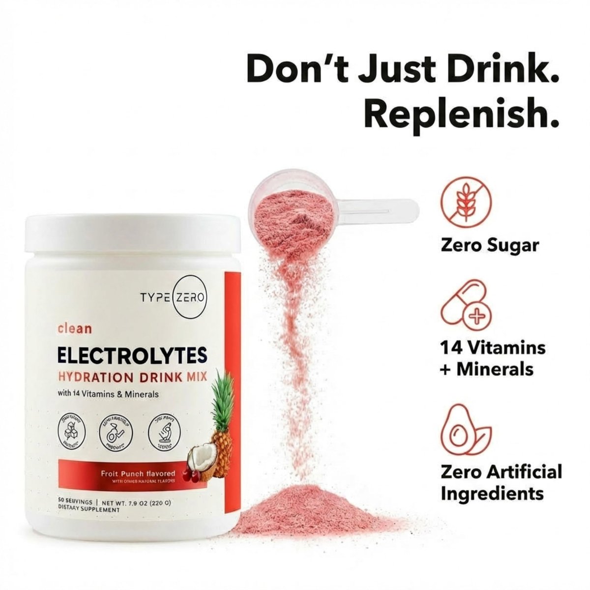 Type Zero Clean Electrolytes Hydration Powder Drink Mix + 14 essentielle Vitamine & Mineralien - Zuckerfrei, Null künstliche Inhaltsstoffe - Fruchtpunsch, 50 Portionen