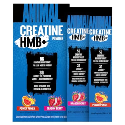 Animal Creatine HMB Pulver – 3g myHMB + 5g Creatin mit Elektrolyten für Erholung & tägliche Energie – Power Punch (3) und Dragon Berry (2) Stick Pack Proben, 5 Portionen