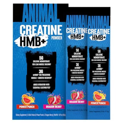 Animal Creatine HMB Pulver – 3g myHMB + 5g Creatin mit Elektrolyten für Erholung & tägliche Energie – Power Punch (3) und Dragon Berry (2) Stick Pack Proben, 5 Portionen