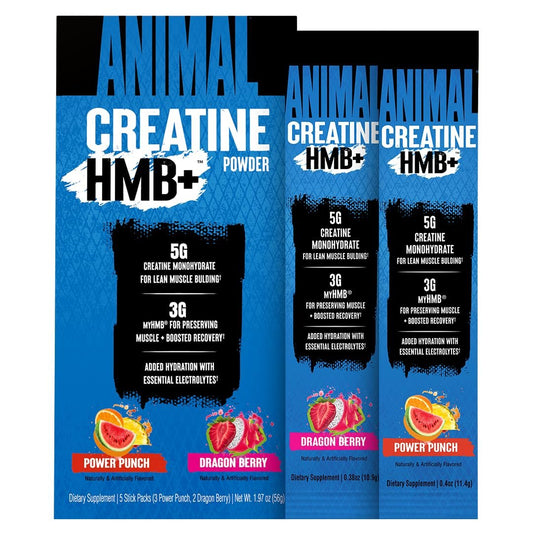 Animal Creatine HMB Pulver – 3g myHMB + 5g Creatin mit Elektrolyten für Erholung & tägliche Energie – Power Punch (3) und Dragon Berry (2) Stick Pack Proben, 5 Portionen