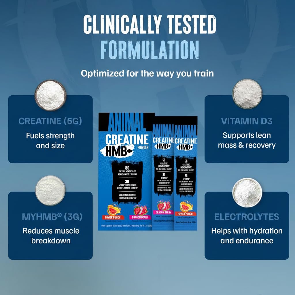 Animal Creatine HMB Pulver – 3g myHMB + 5g Creatin mit Elektrolyten für Erholung & tägliche Energie – Power Punch (3) und Dragon Berry (2) Stick Pack Proben, 5 Portionen