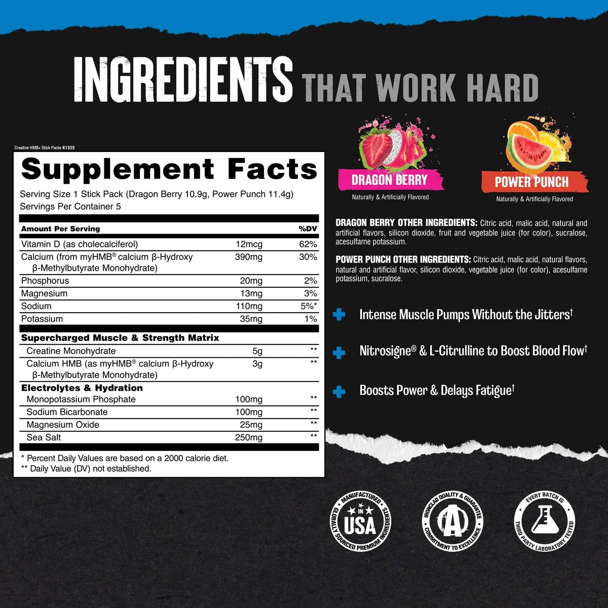 Animal Creatine HMB Pulver – 3g myHMB + 5g Creatin mit Elektrolyten für Erholung & tägliche Energie – Power Punch (3) und Dragon Berry (2) Stick Pack Proben, 5 Portionen