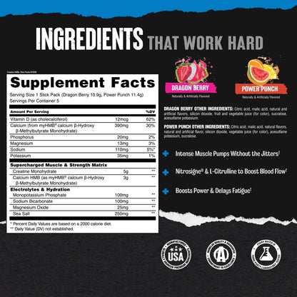 Animal Creatine HMB Pulver – 3g myHMB + 5g Creatin mit Elektrolyten für Erholung & tägliche Energie – Power Punch (3) und Dragon Berry (2) Stick Pack Proben, 5 Portionen