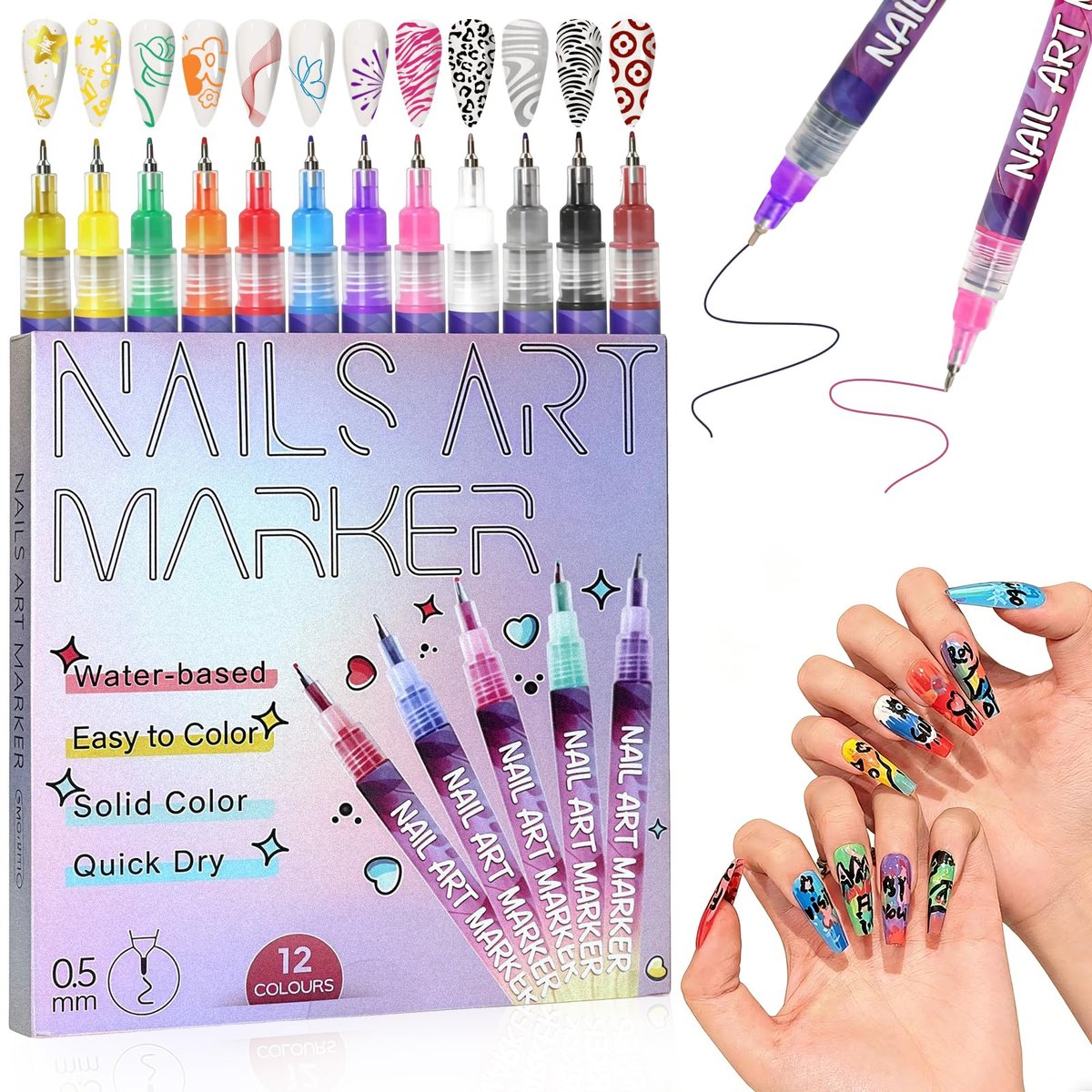 Nagelkunststifte für Anfänger – 12 Farben, schnell trocknend, feine Spitze, professionelles Nageldesign-Set mit Reiseetui