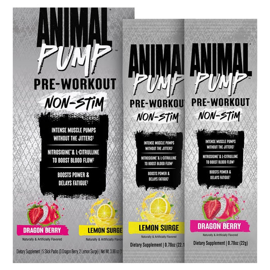 Animal Pump NS Stim-freies Pre-Workout Pulver - Koffeinfreier Booster für Energie, Fokus und Muskelaufbau mit Beta-Alanin, Citrullin, Nitrosigine, Dragon Berry (3) und Lemon Surge (2), 5 Stick-Packs