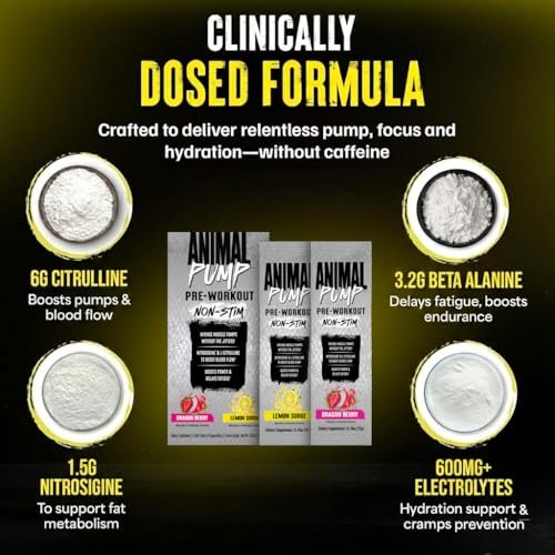 Animal Pump NS Stim-freies Pre-Workout Pulver - Koffeinfreier Booster für Energie, Fokus und Muskelaufbau mit Beta-Alanin, Citrullin, Nitrosigine, Dragon Berry (3) und Lemon Surge (2), 5 Stick-Packs