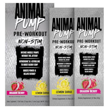 Animal Pump NS Stim-freies Pre-Workout Pulver - Koffeinfreier Booster für Energie, Fokus und Muskelaufbau mit Beta-Alanin, Citrullin, Nitrosigine, Dragon Berry (3) und Lemon Surge (2), 5 Stick-Packs