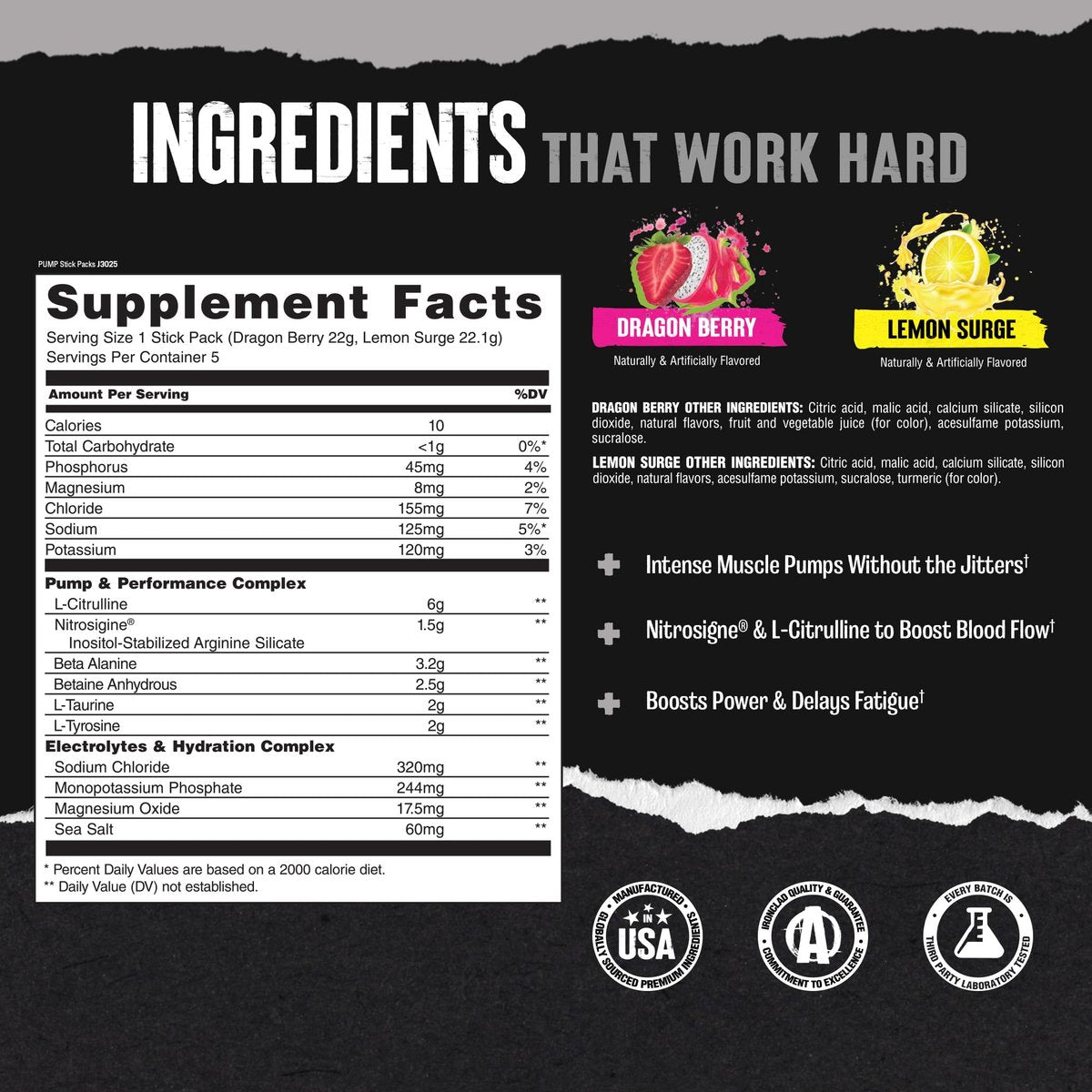 Animal Pump NS Stim-freies Pre-Workout Pulver - Koffeinfreier Booster für Energie, Fokus und Muskelaufbau mit Beta-Alanin, Citrullin, Nitrosigine, Dragon Berry (3) und Lemon Surge (2), 5 Stick-Packs