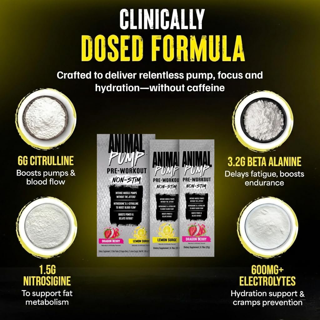 Animal Pump NS Stim-freies Pre-Workout Pulver - Koffeinfreier Booster für Energie, Fokus und Muskelaufbau mit Beta-Alanin, Citrullin, Nitrosigine, Dragon Berry (3) und Lemon Surge (2), 5 Stick-Packs