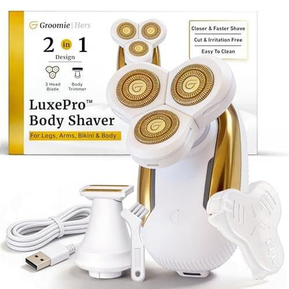 Groomie Hers LuxePro Elektrischer Körperhaarentferner für Frauen – Nass- und Trocken-Rotationsrasierer für empfindliche Haut, wiederaufladbar