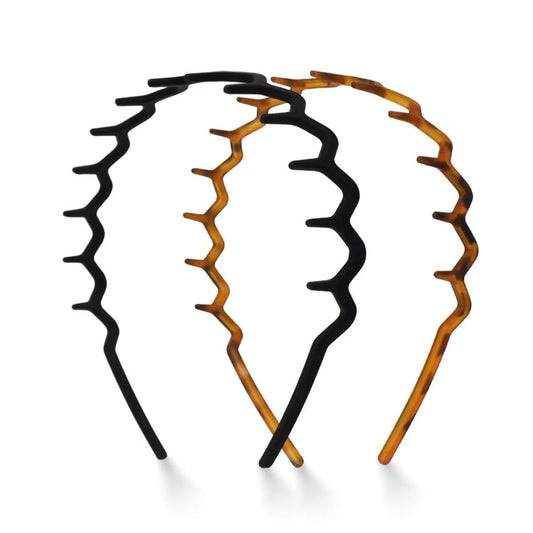 2er-Pack Plastik-Zickzack-Stirnbänder für Frauen – Rutschfestes Haarband mit Zähnen für Slicked-Back-Frisuren – Komfortables Kamm-Stirnband – Schildpatt & Schwarz