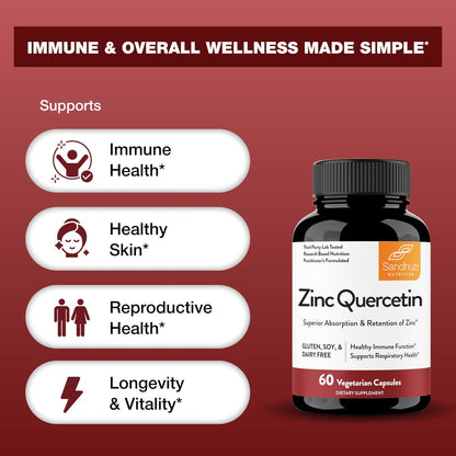 Sandhu's Zink Quercetin 60 Kapseln (1 Pack) | Hochdosiertes Zinkpräparat für Immunsystem und saisonale Allergien | Antioxidative Unterstützung für Männer und Frauen | Leicht zu schlucken