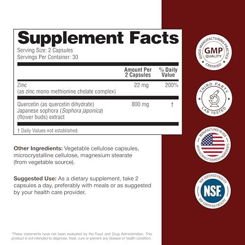 Sandhu's Zink Quercetin 60 Kapseln (1 Pack) | Hochdosiertes Zinkpräparat für Immunsystem und saisonale Allergien | Antioxidative Unterstützung für Männer und Frauen | Leicht zu schlucken