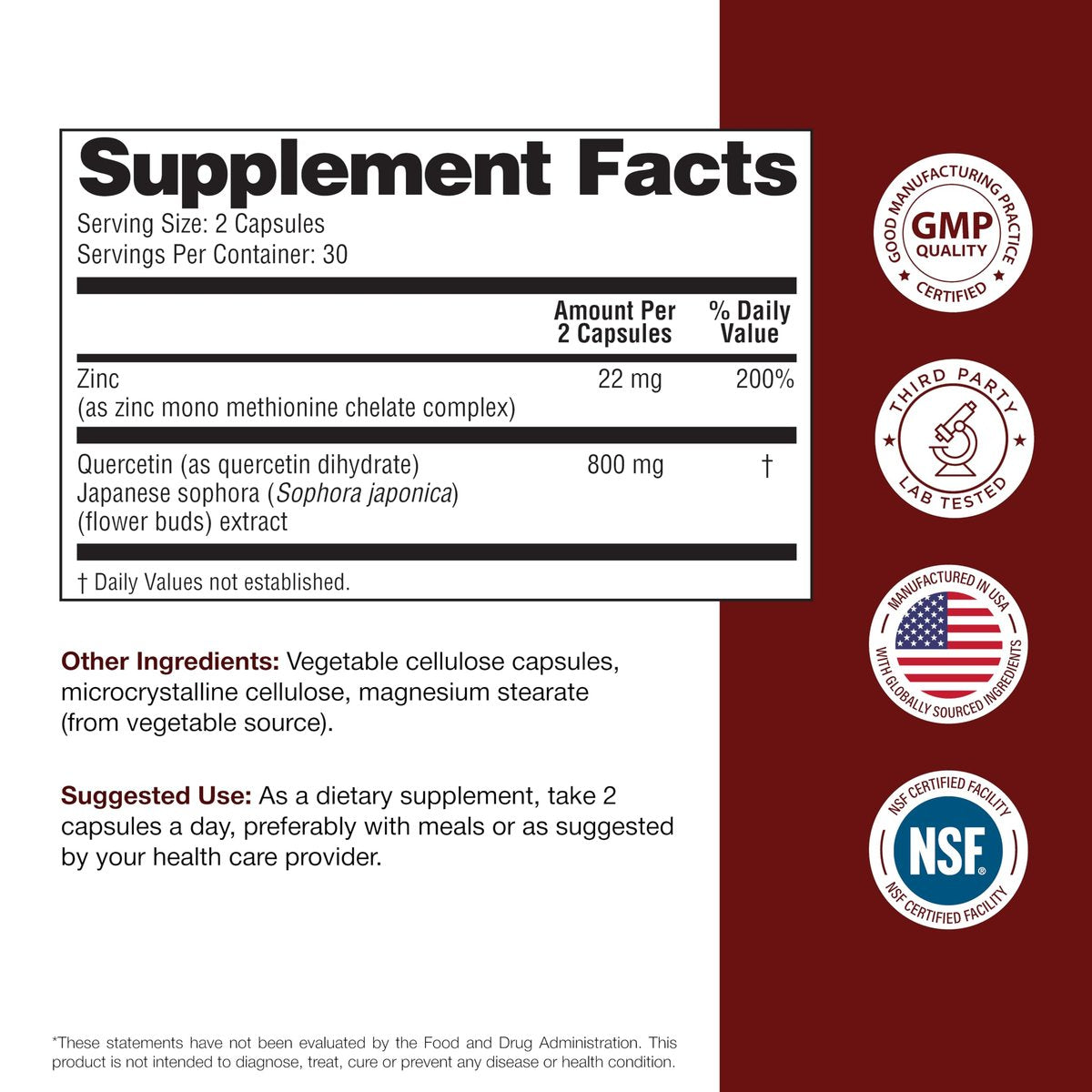 Sandhu's Zink Quercetin 60 Kapseln (1 Pack) | Hochdosiertes Zinkpräparat für Immunsystem und saisonale Allergien | Antioxidative Unterstützung für Männer und Frauen | Leicht zu schlucken